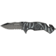 Tac Force Zebra Stripe Rescue Fold Knife, black HC SS A/O PS blade, Black and gun metal gray stripes on handle TF714SH