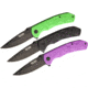 Wild Boar Linerlock Folding Knife Set, Three Piece Set, Knives Measure 4 1/2in Closed, 3 1/2in Black SS Blade, Grooved Composite Handles In Black, Purple And Green, Black SS Pocket Clip, WB1006