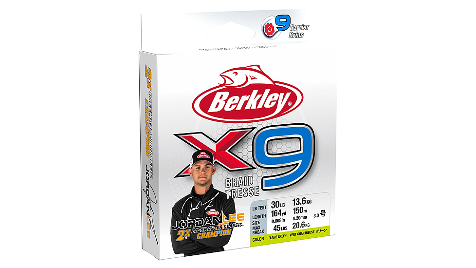 Berkley Jordan Lee x9 Braid Superline, 0.17mm class/0.007in class, 20lb test/37 lbC/17.0kg, 2188yd/2000m, 8lb, Flame Green, X9BBK20-GG, Flame Green, 0.007 in/0.17 mm, 1486874