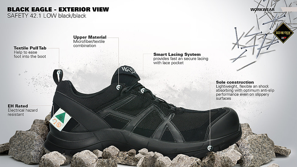 HAIX 42.1 Low Black Eagle Safety Boot, 8.5US, Wide, Black, 8.5, 610013W-8.5
