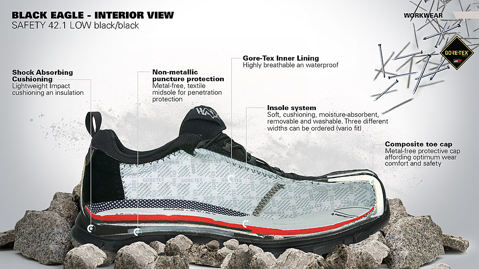 HAIX 42.1 Low Black Eagle Safety Boot, 8.5US, Wide, Black, 8.5, 610013W-8.5