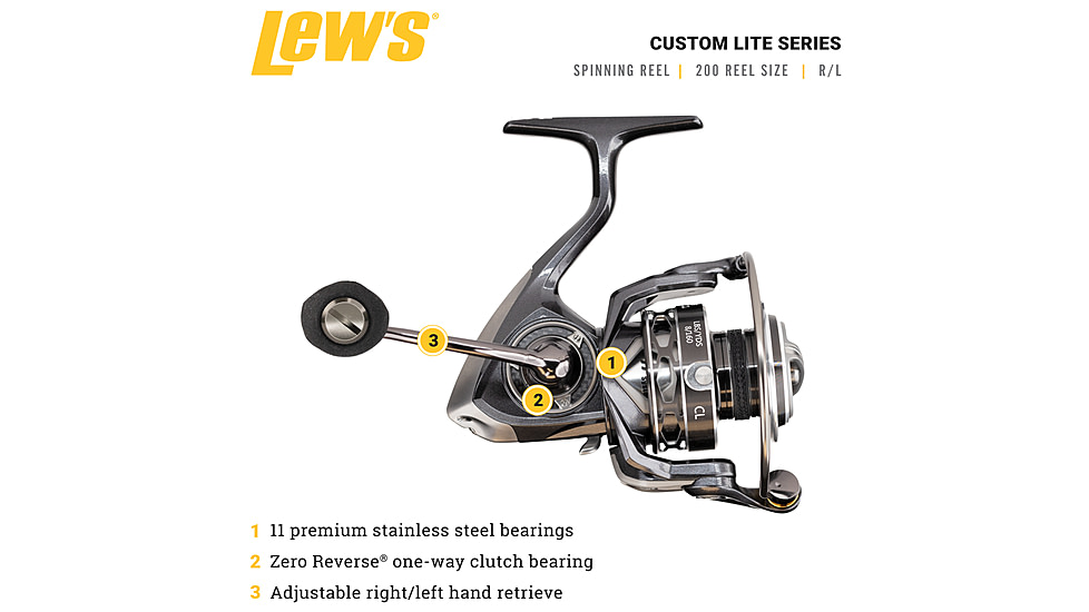 Lew’s Custom Lite Spinning Reel, SZ 200, 6.2-1 Ratio, 10+1 Bearings, CL200