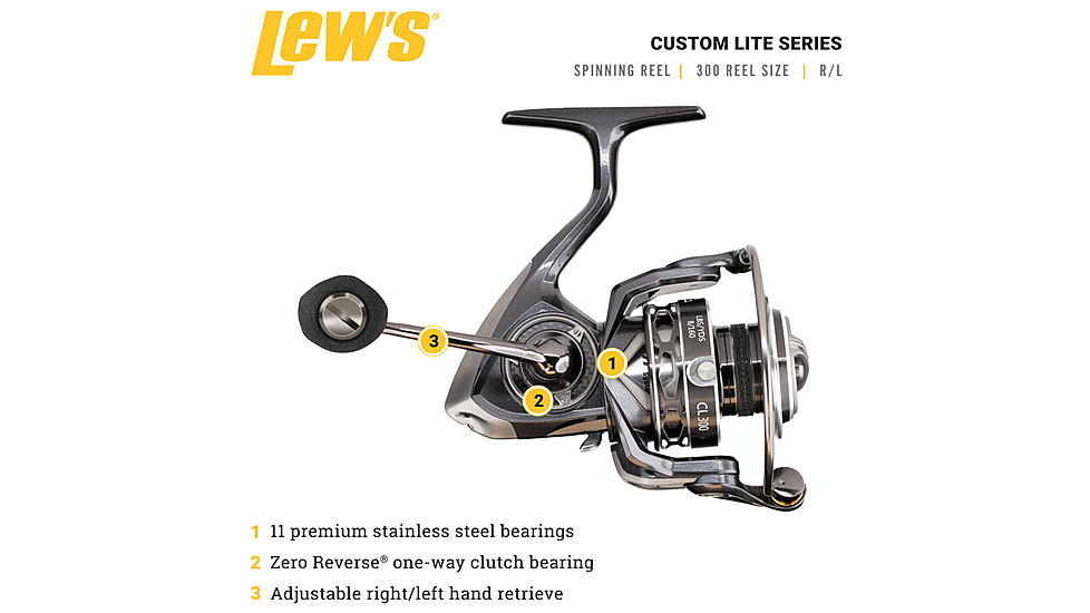 Lew’s Custom Lite Spinning Reel, SZ 300, 6.2-1 Ratio, 10+1 Bearings, CL300