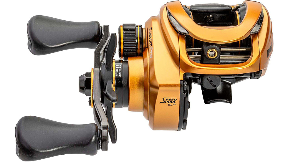 Lew’s Custom Pro Baitcast Reel, 10+1 Bearings, 7.5-1 Ratio, Aluminum Frame and Sideplate, ParaMag ITB Brake, Aluminum Speed Gears, Carbon Fiber Drag, RH Retrieve, Gold/Black, CPB1SHG3
