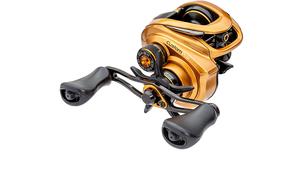 Lew’s Custom Pro Baitcast Reel, 10+1 Bearings, 7.5-1 Ratio, Aluminum Frame and Sideplate, ParaMag ITB Brake, Aluminum Speed Gears, Carbon Fiber Drag, RH Retrieve, Gold/Black, CPB1SHG3