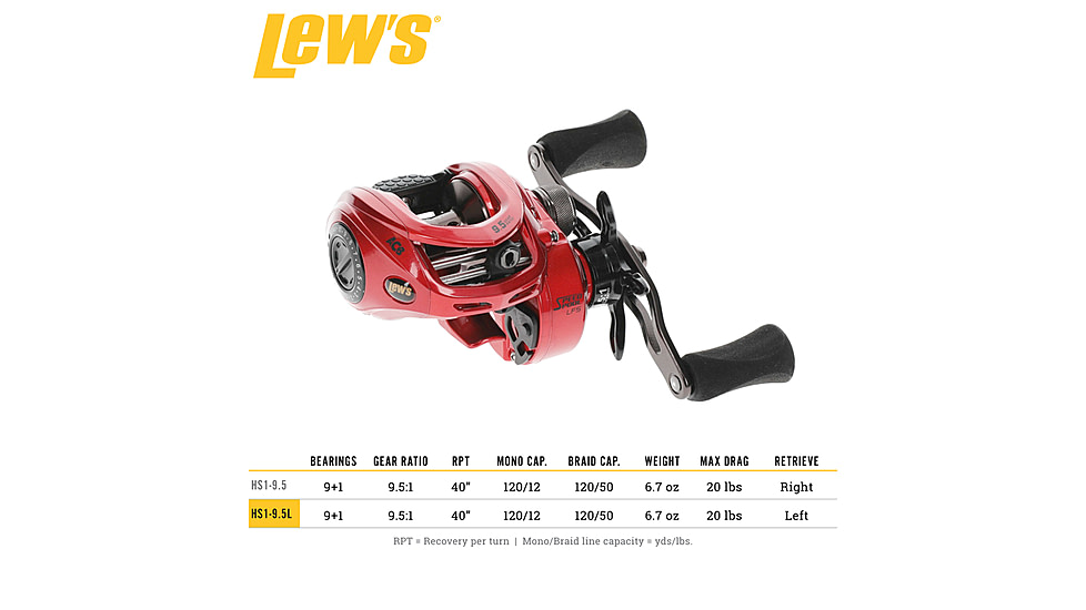 Lew’s HyperSpeed LFS Baitcast Reel, LH Retrieve, 9.5-1 Ratio, 9+1 Bearings, HS1-9.5L