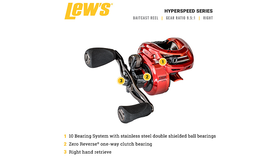Lew’s HyperSpeed LFS Baitcast Reel, RH Retrieve, 9.5-1 Ratio, 9+1 Bearings, HS1-9.5