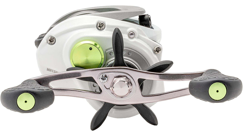 Lew’s MACH 1 Baitcast Reel, 7+1 Bearings, 7.5-1 Ratio, Graphite Frame and Sideplate, Multi-Setting Brake, Speed Gears, Speed Lube, Combat Grips, LH Retrieve, White/Gray/Green, MH1SHLG3