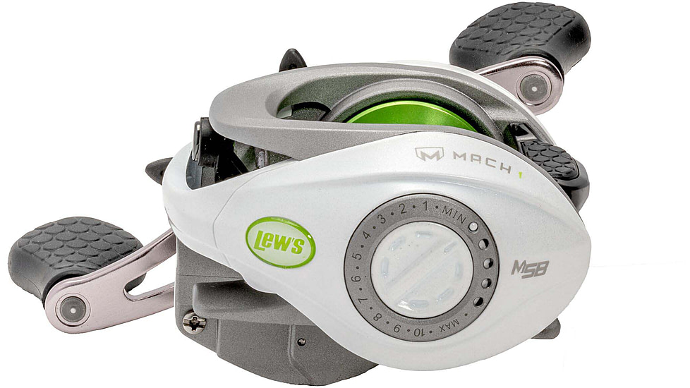 Lew’s MACH 1 Baitcast Reel, 7+1 Bearings, 7.5-1 Ratio, Graphite Frame and Sideplate, Multi-Setting Brake, Speed Gears, Speed Lube, Combat Grips, LH Retrieve, White/Gray/Green, MH1SHLG3