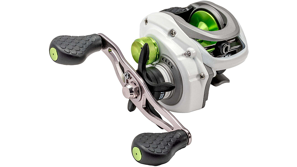 Lew’s MACH 1 Baitcast Reel, 7+1 Bearings, 7.5-1 Ratio, Graphite Frame and Sideplate, Multi-Setting Brake, Speed Gears, Speed Lube, Combat Grips, LH Retrieve, White/Gray/Green, MH1SHLG3