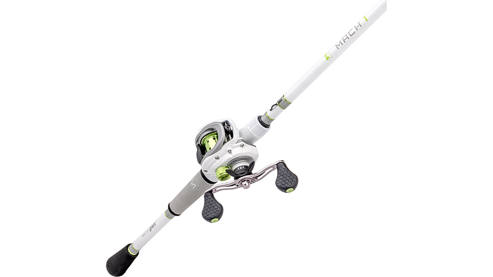 Lew’s MACH 1 SS Baitcast Reel and Rod Combo, 6ft 9in, 1-PC, Med-Light, Fast IM7 Rod, 7+1 Bearings, 7.5-1 Ratio, Shallow Spool, LH Retrieve, White/Black/Gray/Green, MHSS1SHL69MLG3