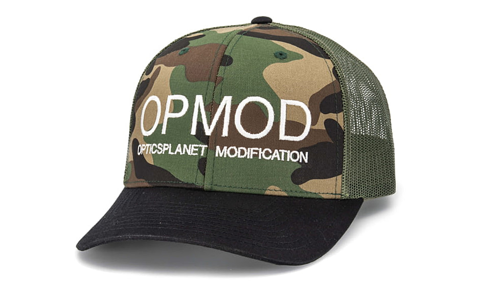 OPMOD Trucker Hat Embroidered Logo, Green Camo/Loden/Black, OPM-Gro/Lod/Bla Camden/Bck