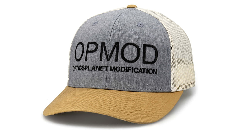OPMOD Trucker Hat Embroidered Logo, Heather Grey/Birch/Biscuit, OPMBist-HeatGrey/Bir