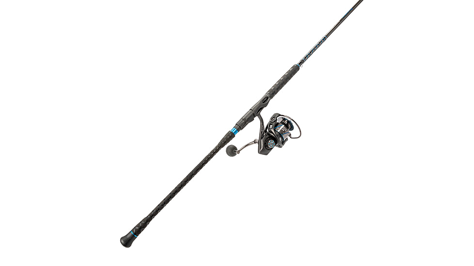 Quantum Benchmark Spinning Reel and Rod Combo, 8ft, 2-PC, Med-Heavy, Moderate-Fast Rod, Graphite Composite Blank, SZ 5000 Reel, 5+1 Bearings, 5.6-1 Ratio, Silver/Blue, BK5000802MH1225.P2