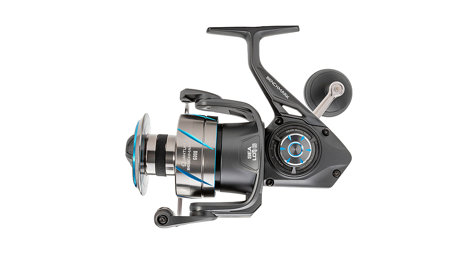 Quantum Benchmark Spinning Reel and Rod Combo, 9ft, 2-PC, Med-Heavy, Moderate-Fast Rod, Graphite Composite Blank, SZ 6000 Reel, 5+1 Bearings, 5.6-1 Ratio, Silver/Blue, BK6000902MH1530.P2