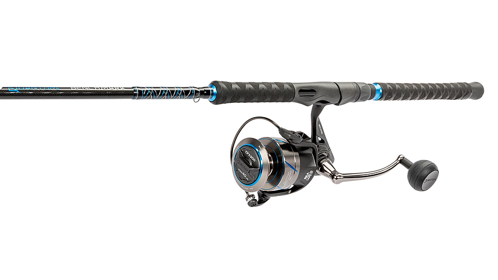 Quantum Benchmark Spinning Reel and Rod Combo, 7ft, 1-PC, Heavy, Moderate-Fast Rod, Graphite Composite Blank, SZ 8000 Reel, 5+1 Bearings, 4.7-1 Ratio, Silver/Blue, BK8000701H1530.P2