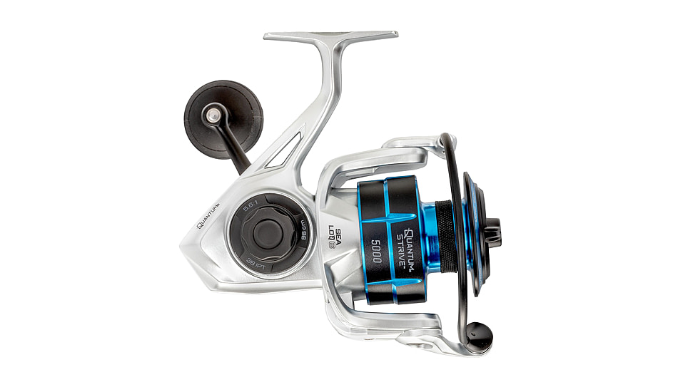 Quantum Strive Spinning Reel and Rod Combo, 8ft, 2-PC, Medium-Heavy, Moderate-Fast Rod, Graphite Composite Blank, SZ 5000 Reel, 4+1 Bearings, 5.6-1 Ratio, Silver/Blue, SV5000802MH1225.P2