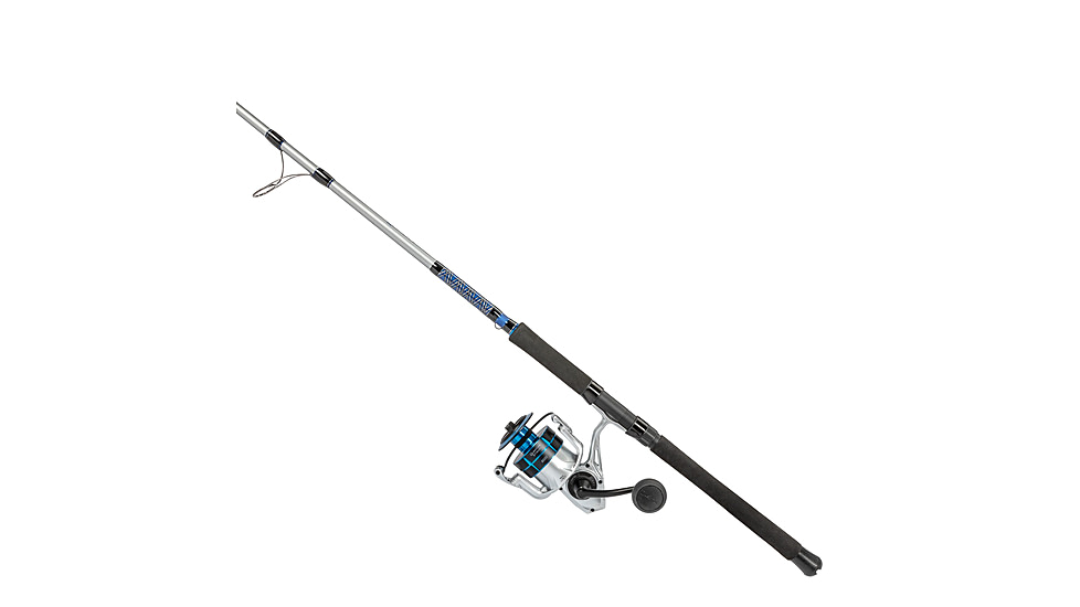 Quantum Strive Spinning Reel and Rod Combo, 7ft, 1-PC, Heavy, Moderate-Fast Rod, Graphite Composite Blank, SZ 8000 Reel, 4+1 Bearings, 4.7-1 Ratio, Silver/Blue, SV8000701H1530.P2