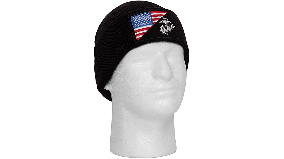 Rothco USMC Eagle, Globe and Anchor / US Flag Deluxe Fine Knit Watch Cap, Black, 5498-Black