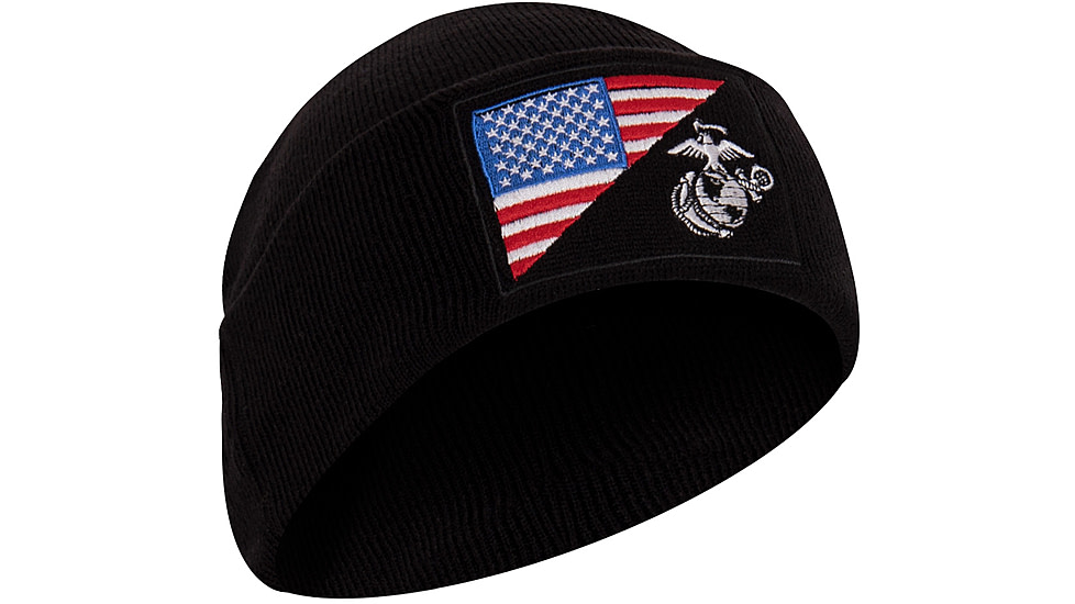 Rothco USMC Eagle, Globe and Anchor / US Flag Deluxe Fine Knit Watch Cap, Black, 5498-Black