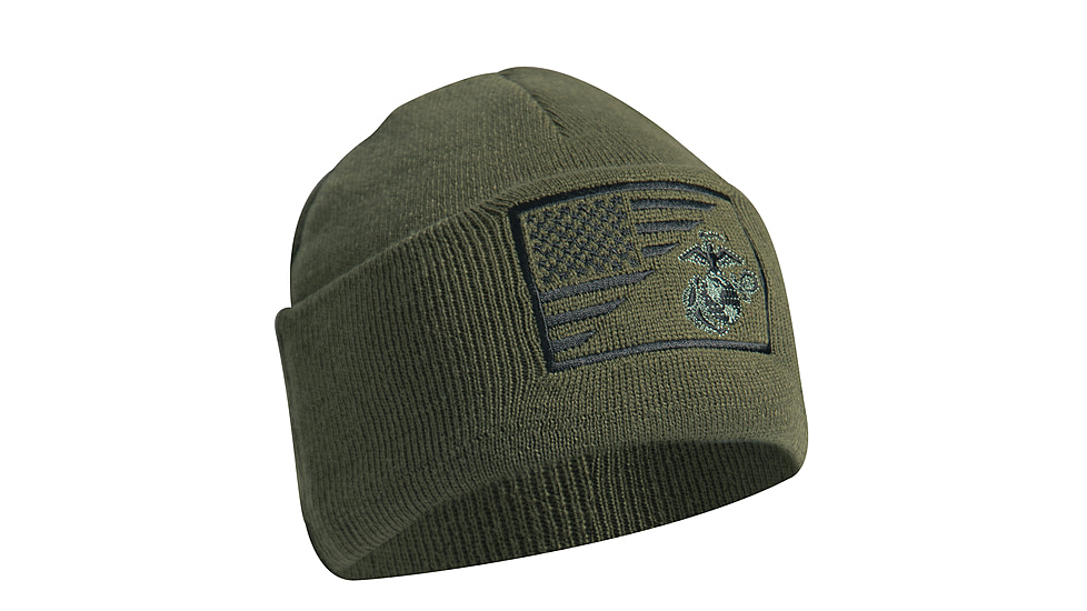 Rothco USMC Eagle Globe and Anchor/US Flag Deluxe Fine Knit Watch Cap, Olive Drab, 54980-OliveDrab
