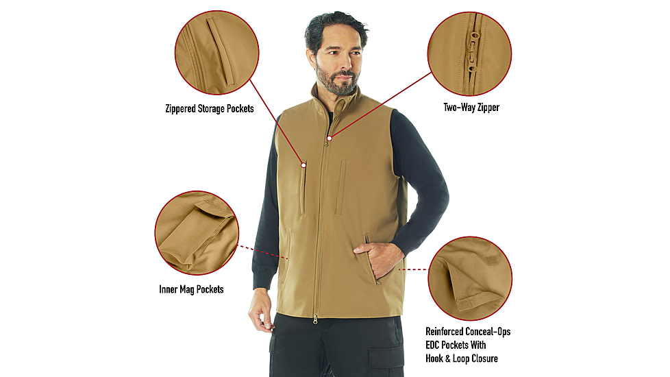 Rothco V2 Concealed Carry Soft Shell Vest, Coyote Brown, S, 86555-CoyoteBrown-S
