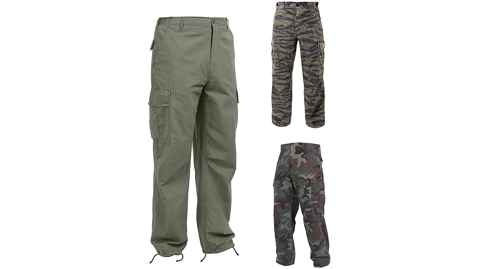 Rothco Vintage Vietnam Fatigue Pant Rip-Stop, Olive Drab, Tiger Stripe Camo, Woodland Camo