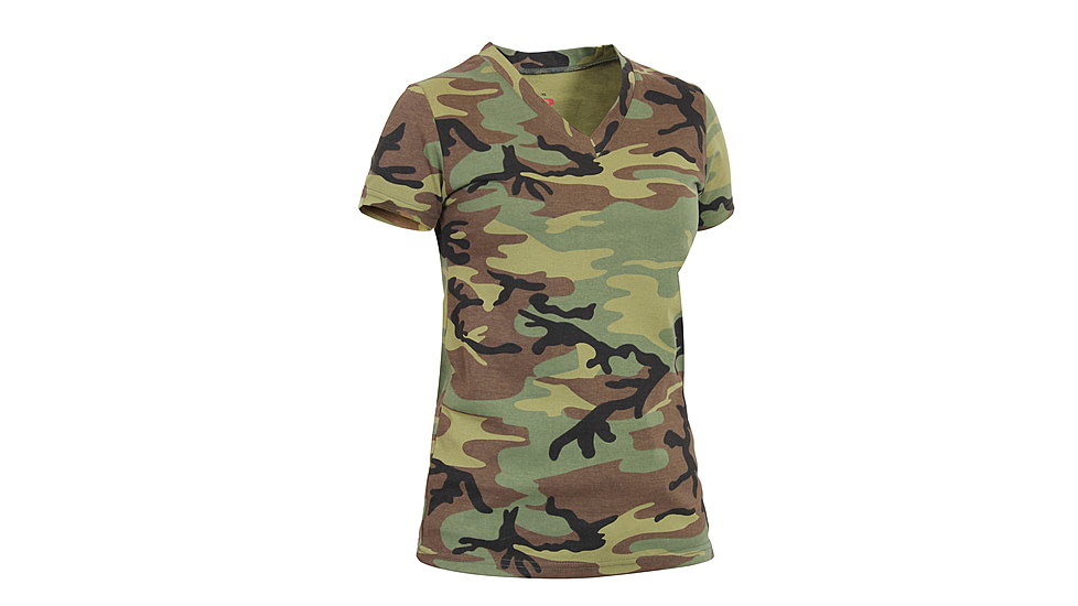 Rothco Womens Long Length Camo V-Neck T-Shirt, Woodland Camo, Extra Small, 5653-WoodlandCamo-XS