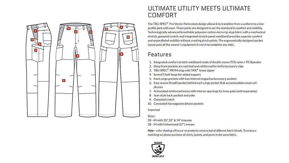 TRU-SPEC 24-7 Series Pro Vector Pants - Mens, Black, 30x32, 1560003