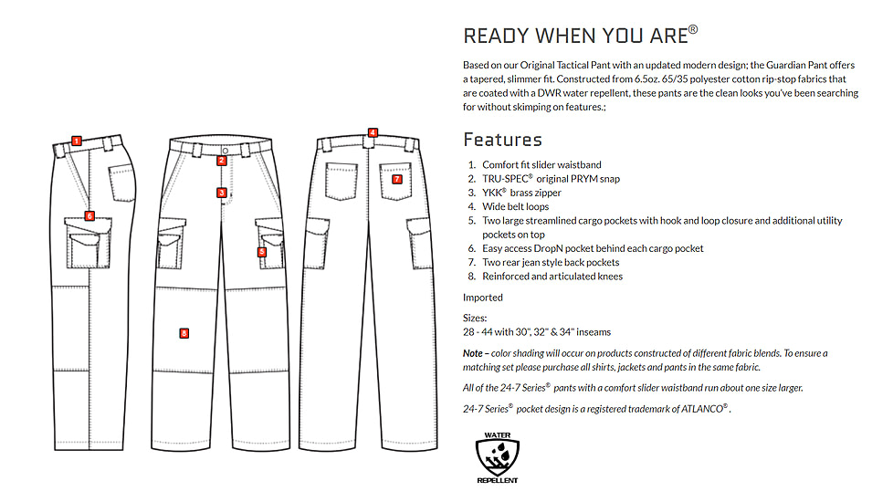 Tru-Spec Mens Guardian Tac Pants - Mens, Polyester/Cotton Rip-Stop, 24-7 Series, Black, 32, 1462024