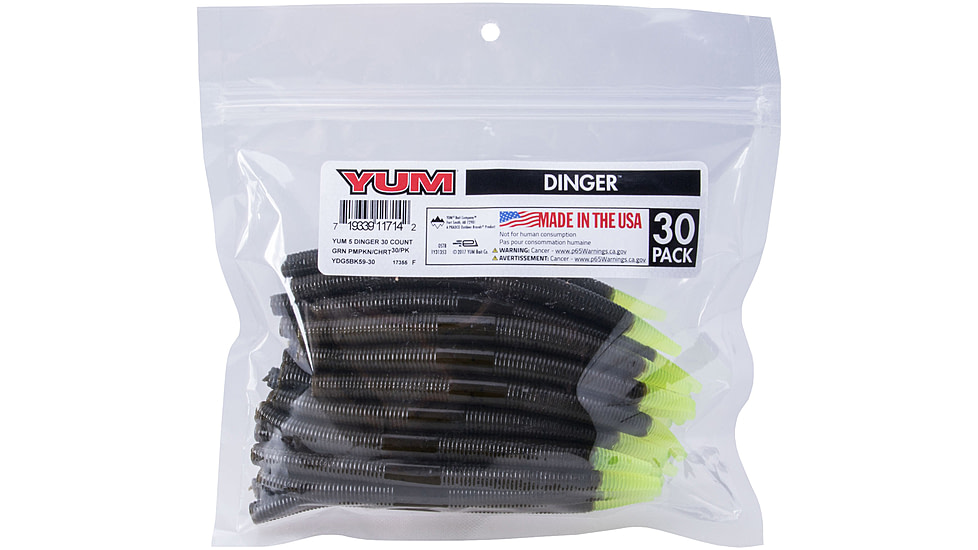 Yum Dinger Bulk Bait, 5in, Green Pumpkin Chartreuse, YDG5BK59-30