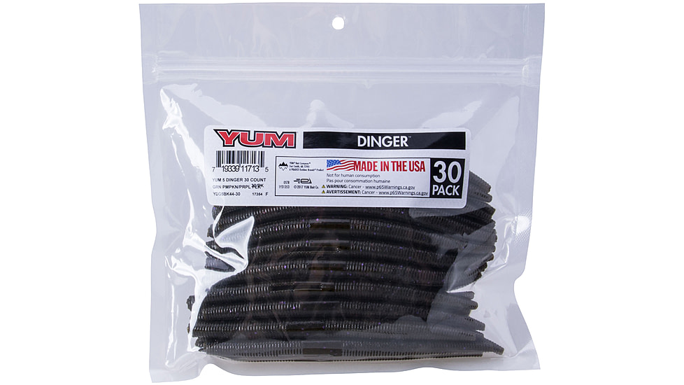 Yum Dinger Bulk Bait, 5in, Green Pumpkin Purple Flake, YDG5BK44-30