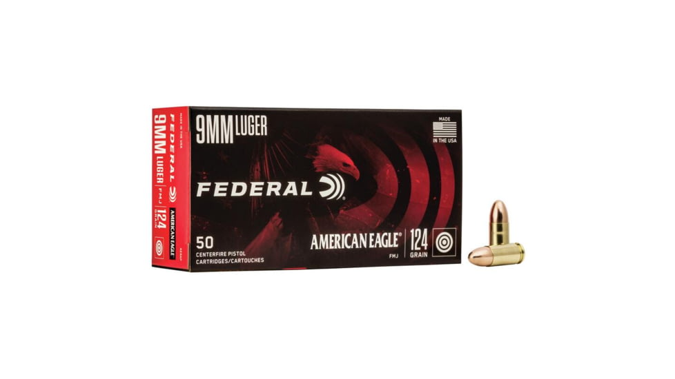 Federal American Eagle Handgun Ammunition 9mm Luger 124 gr FMJ 1150 fps 1000/ct 060A5FDE, FAAE9APC