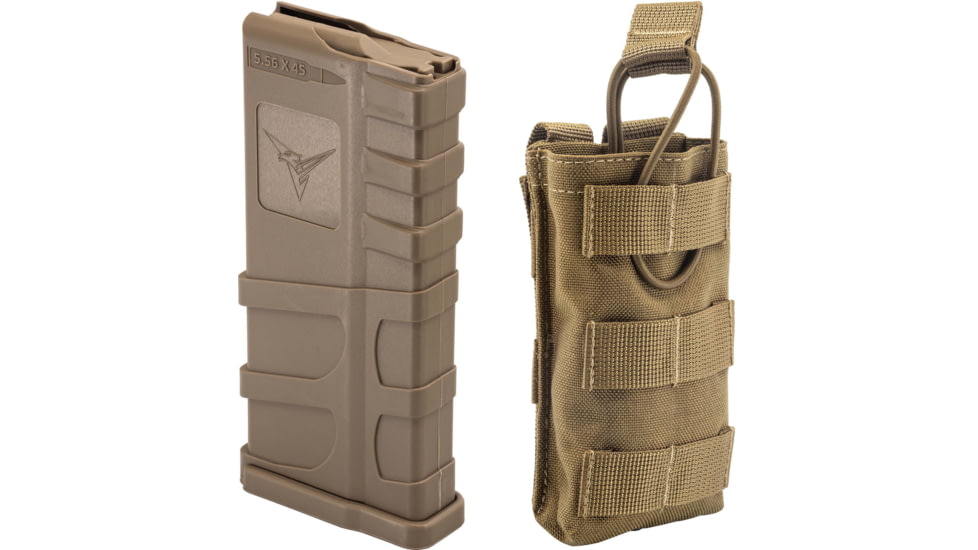 1 TRYBE Defense AR-15 Extended Grasp 10-Round Magazine and 1 TRYBE Defense Single 5.56 Magazine Pouch, FDE/Coyote Tan
