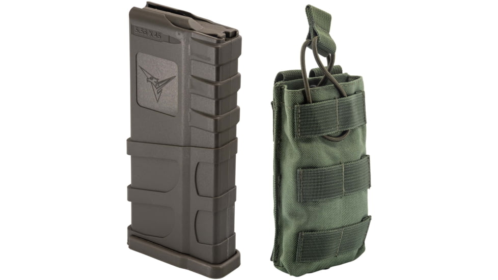 1 TRYBE Defense AR-15 Extended Grasp 10-Round Magazine and 1 TRYBE Defense Single 5.56 Magazine Pouch, Olive Drab Green