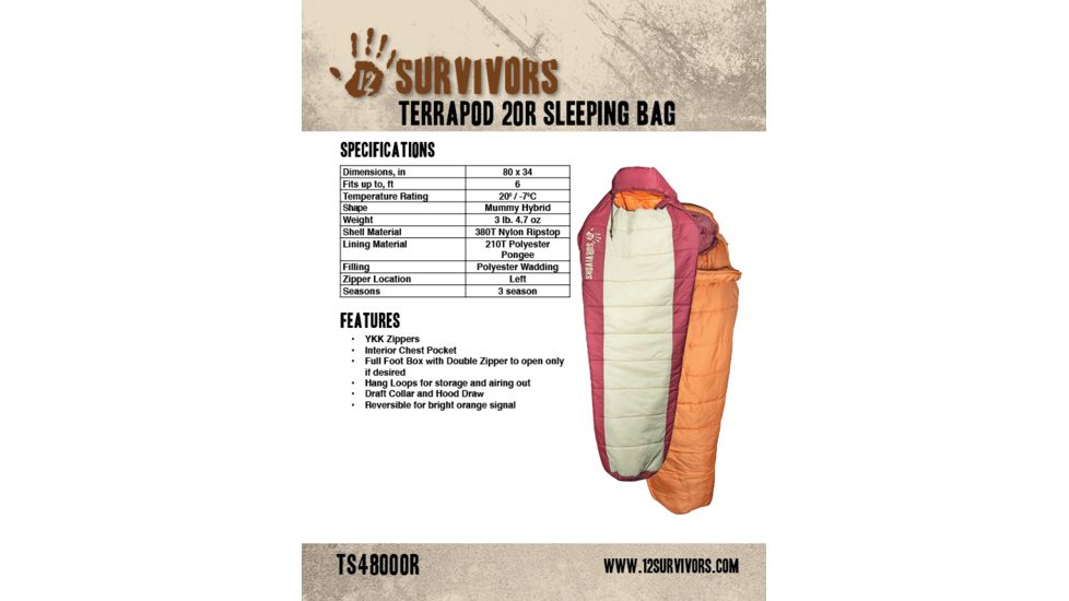 12 Survivors 20F Terra Pod Mummy Sleeping Bag - Regular, TS48000R