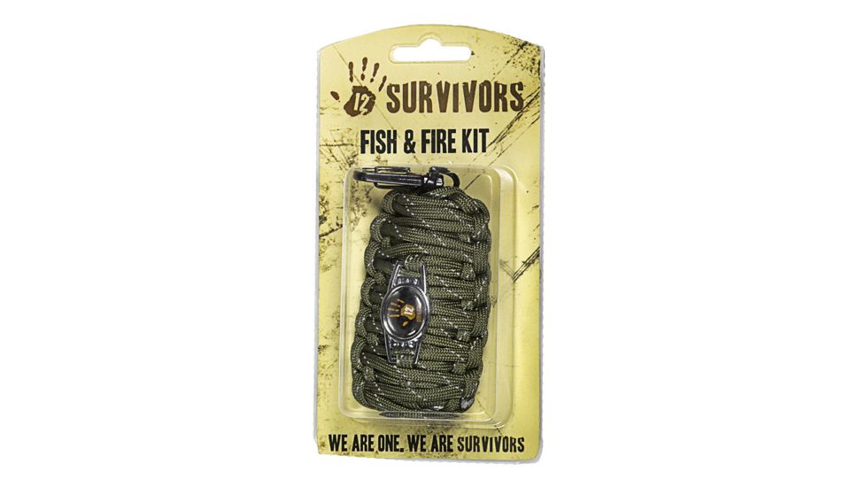 12 Survivors Fish and Fire Emergency Kit - Fishing line,Hooks,Floats,Swivels,Weights,Alcohol Pad,Fire Starter,Knife Blade,Foil,Tinder,Cord TS24000
