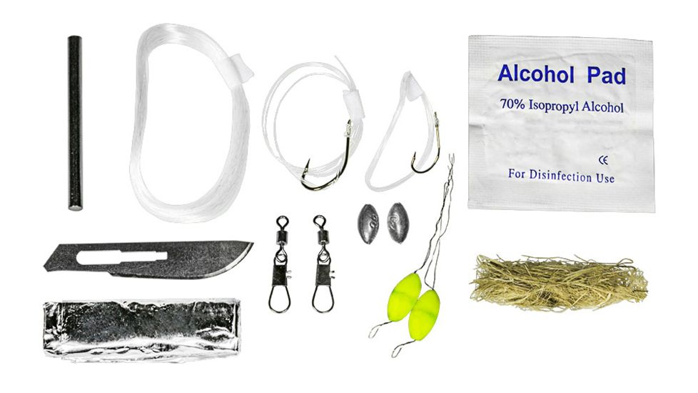 12 Survivors Fish and Fire Emergency Kit - Fishing line,Hooks,Floats,Swivels,Weights,Alcohol Pad,Fire Starter,Knife Blade,Foil,Tinder,Cord TS24000