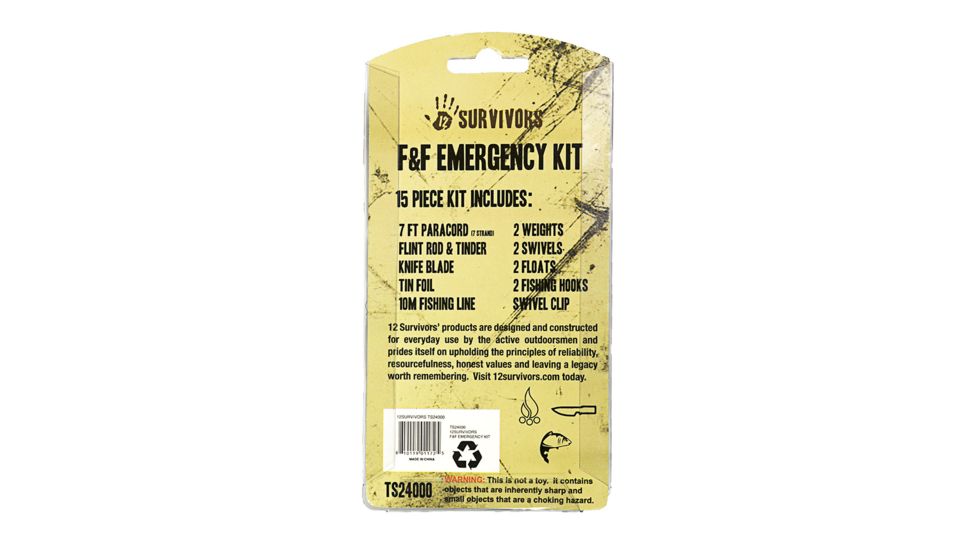 12 Survivors Fish and Fire Emergency Kit - Fishing line,Hooks,Floats,Swivels,Weights,Alcohol Pad,Fire Starter,Knife Blade,Foil,Tinder,Cord TS24000