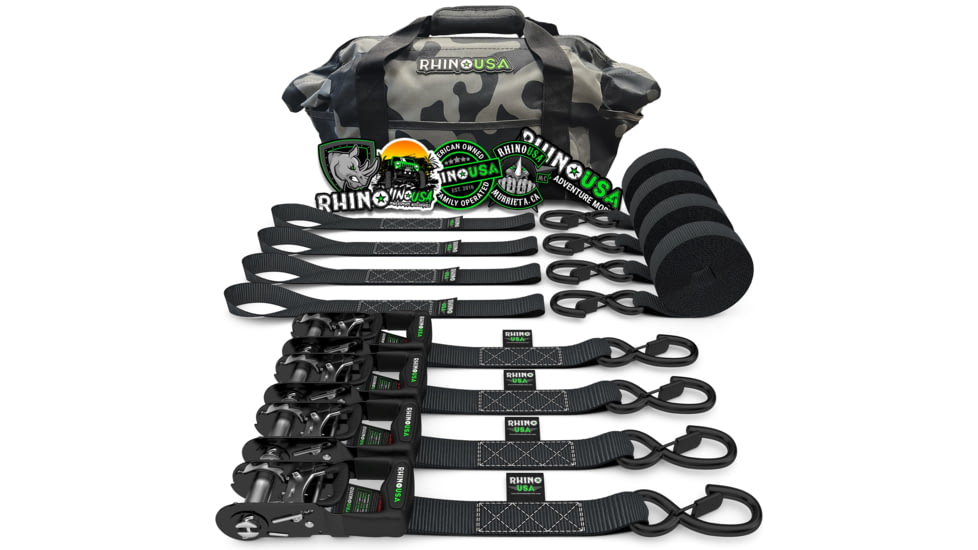 Rhino USA 1.6 x 8 HD Ratchet Tie-Down Set 4-Pack + HD Storage Bag Camo 6B79CDBF, Black, TD-SS1.6X4-KIT
