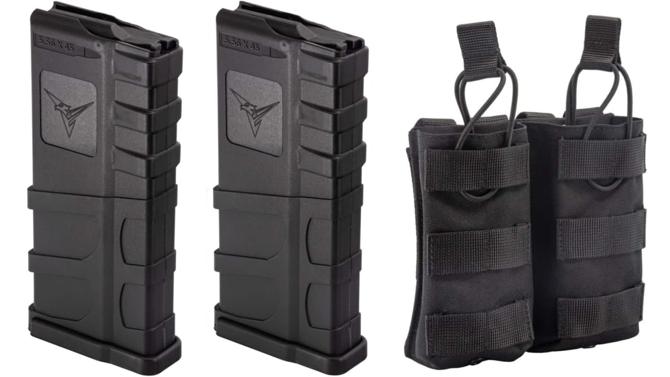 2 TRYBE Defense AR-15 Extended Grasp 10-Round Magazine and 1 TRYBE Defense Double 5.56 Magazine Pouch, Black