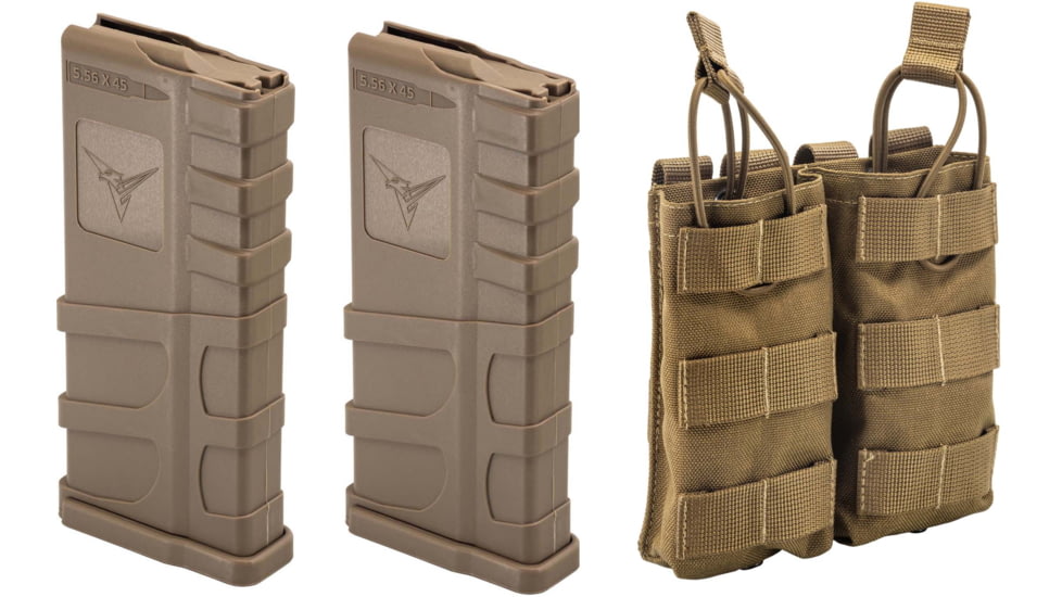 2 TRYBE Defense AR-15 Extended Grasp 10-Round Magazine and 1 TRYBE Defense Double 5.56 Magazine Pouch, FDE/Coyote Tan