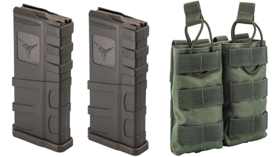 2 TRYBE Defense AR-15 Extended Grasp 10-Round Magazine and 1 TRYBE Defense Double 5.56 Magazine Pouch, Olive Drab Green