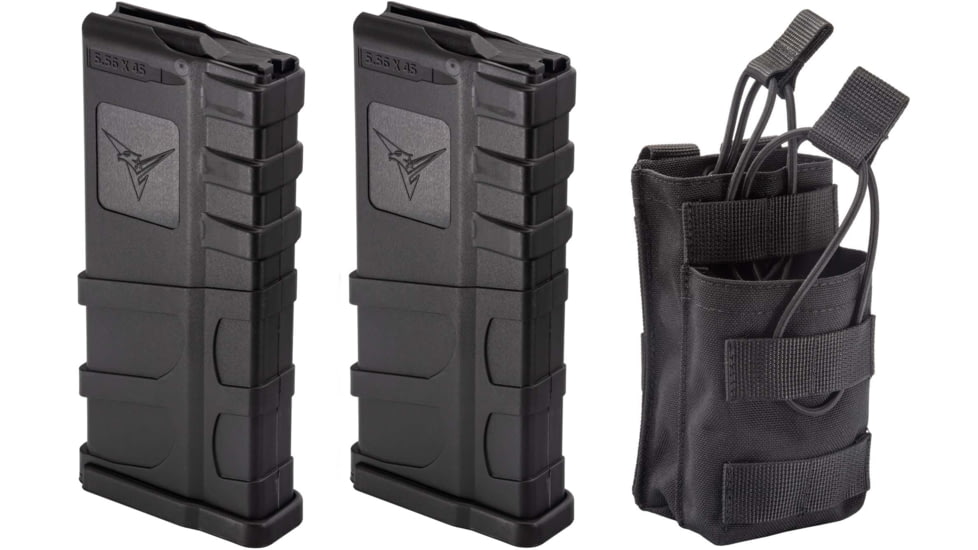 2 TRYBE Defense AR-15 Extended Grasp 10-Round Magazine and 1 TRYBE Defense Paired 5.56 Magazine Pouch, Black