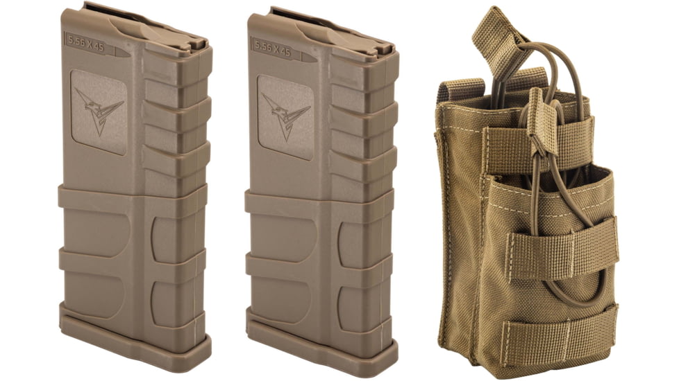 2 TRYBE Defense AR-15 Extended Grasp 10-Round Magazine and 1 TRYBE Defense Paired 5.56 Magazine Pouch, FDE/Coyote Tan