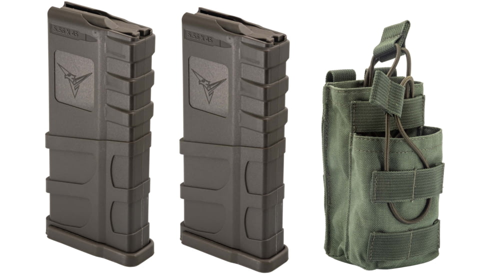 2 TRYBE Defense AR-15 Extended Grasp 10-Round Magazine and 1 TRYBE Defense Paired 5.56 Magazine Pouch, Olive Drab Green