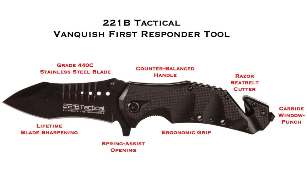 221B Tactical Vanquish First Responder RFX Tool - Assisted Opening Folding Knife, 440C Stainless Steel Blade, Black, VNQ-FRX-OS-BLK