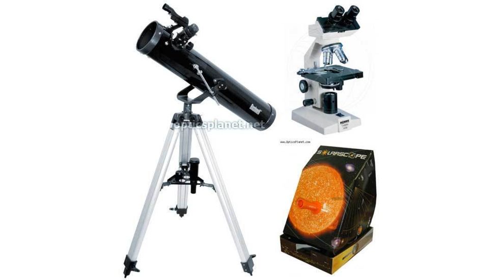 3-PC Astronomy and Biology Science Gift Package - Konus Campus 1000x Biological Microscope 5326, Bushnell 3'' Telescope 789669, Solarscope 04P101