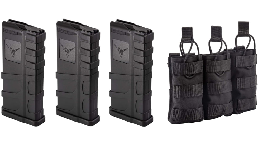 3 TRYBE Defense AR-15 Extended Grasp 10-Round Magazine and 1 TRYBE Defense Triple 5.56 Magazine Pouch, Black
