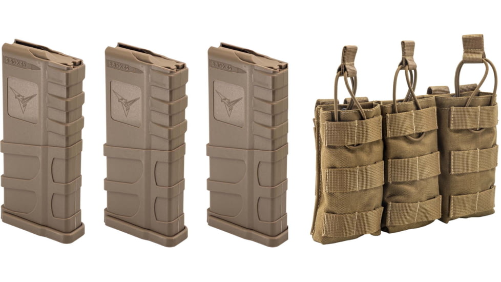 3 TRYBE Defense AR-15 Extended Grasp 10-Round Magazine and 1 TRYBE Defense Triple 5.56 Magazine Pouch, FDE/Coyote Tan
